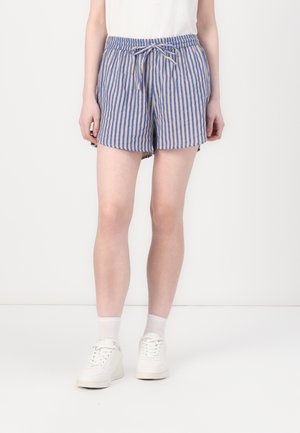 Blå og beige stribede shorts med elastisk talje, snor i lukningen og en afslappet pasform. Bomuldsstof, letvægts og åndbart.