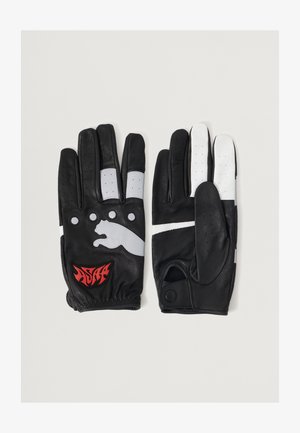 Gants en cuir noir avec des accents blancs, perforations pour la respirabilité et un logo rouge avec un graphique d'ours stylisé.