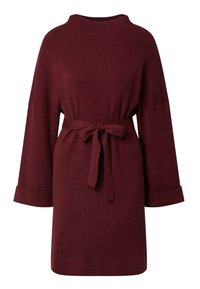 Burgunderfarbendes, geripptes Strickkleid mit hohem Hals, weiten Ärmeln und einem gebundenen Gürtel in der Taille. Der Stoff hat eine weiche, strukturierte Oberfläche.