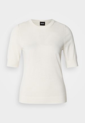 Camisola branca de manga curta feita de tecido de malha macio, com decote redondo e punhos canelados. Apresenta uma textura lisa sem padrões.