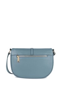 Borsa a tracolla in pelle di un blu smorzato, con forma arrotondata, chiusura a patta e tasca con zip con hardware tono oro.