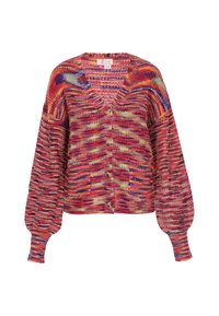 Strickjacke in lebhaften Farben von Rot, Orange und Blau, mit V-Ausschnitt, Holzknöpfen und übergroßen Ärmeln mit strukturierten Mustern.