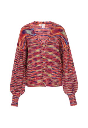 Mega kvėpuojantis cardigan'as ryškiomis raudonos, oranžinės ir mėlynos spalvų tonacijomis, su V formos iškirpte, mediniais mygtukais, ir per didelėmis rankovėmis su tekstūriniais raštais.