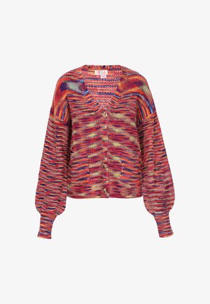 Dzianinowy kardigan w żywych odcieniach czerwieni, pomarańczu i niebieskiego, z dekoltem w kształcie litery V, drewnianymi guzikami oraz dużymi rękawami z teksturowanymi wzorami.