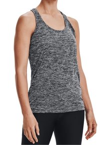 Szary sportowy tank top o melanżowym, fakturowanym wzorze. Bez rękawów, z okrągłym dekoltem; lekka i oddychająca tkanina.