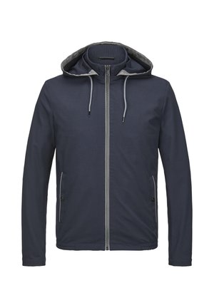 Marineblaue Kapuzenjacke mit durchgehendem Reißverschluss, grauen Akzenten, zwei Seitentaschen und strukturiertem Stoff. Verfügt über eine verstellbare Kapuze mit Kordelzug.