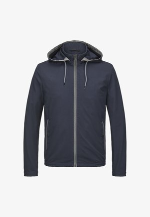 Marineblaue Kapuzenjacke mit durchgehendem Reißverschluss, grauen Akzenten, zwei Seitentaschen und strukturiertem Stoff. Verfügt über eine verstellbare Kapuze mit Kordelzug.