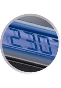 L'affichage de la balance numérique montre le nombre 230 en chiffres illuminés bleus sur un fond sombre, avec un cadre lisse et arrondi.