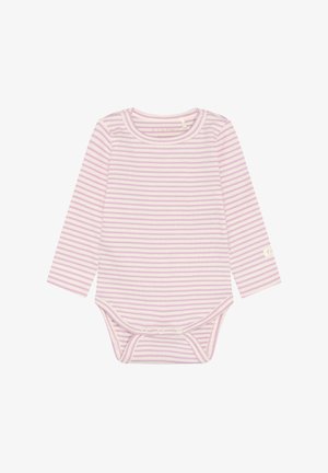 Body bébé à manches longues à rayures lavande et blanches, texture côtelée, encolure arrondie, et fermeture par boutons-pression au bas.