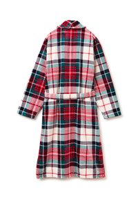 Accappatoio a quadri con colletto, caratterizzato da quadrati rossi, verdi e blu navy su sfondo bianco. Tessuto morbido e vita con cintura.