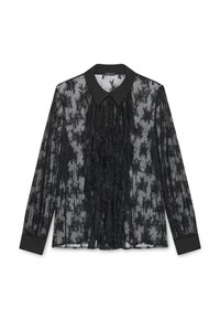 Blusa nera trasparente con davanti arricciato, maniche lunghe e colletto classico. Motivo dettagliato su tutta la superficie con polsini e colletto neri solidi.