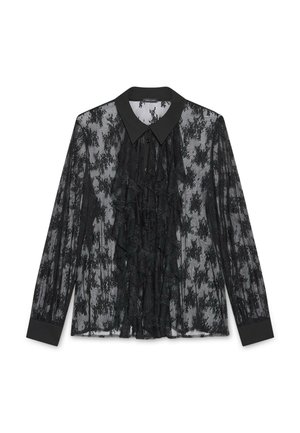 Zwarte doorzichtige blouse met een gerimpelde voorkant, lange mouwen en een klassieke kraag. Gedetailleerd patroon overal met effen zwarte manchetten en kraag.
