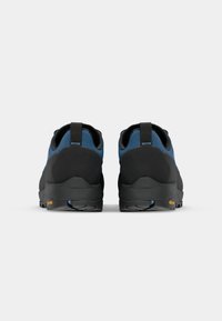 Black and blue trail shoes with a textured upper, reinforced heel, and Vibram sole. Features pull tabs on the back for easy wear.