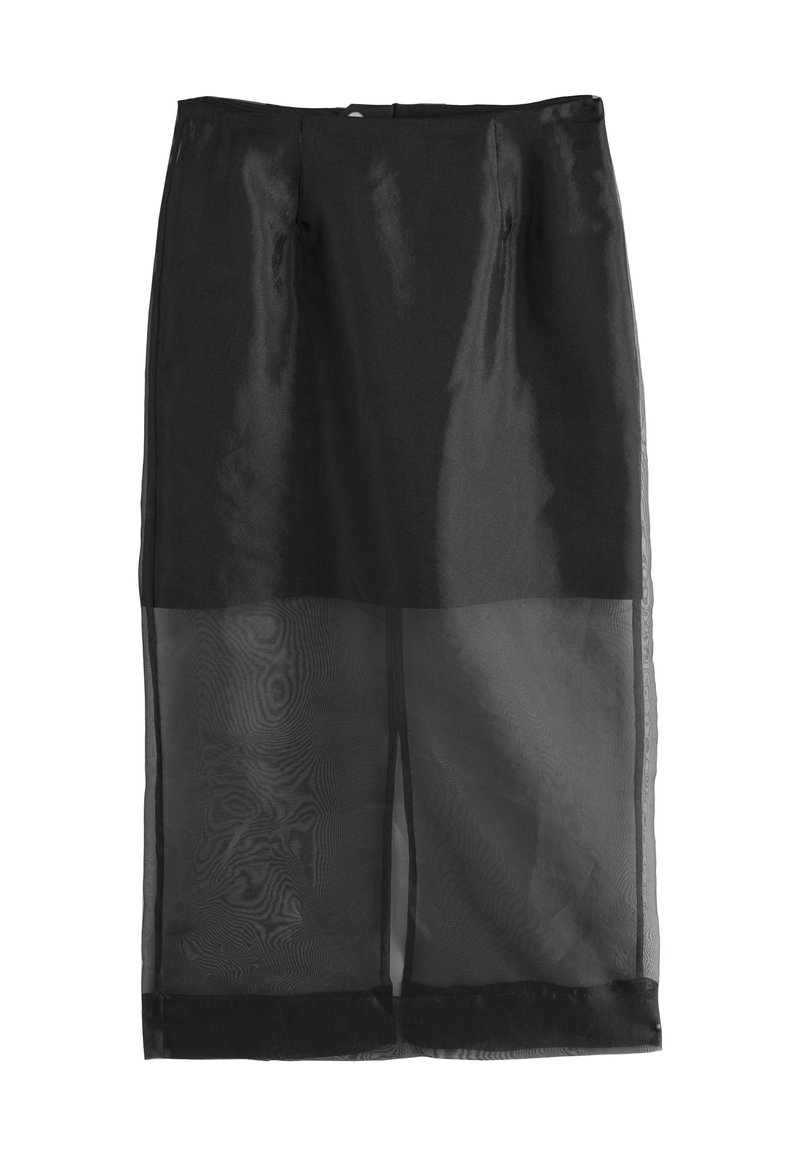 Zwarte kokerrok met transparante overlay, met een gladde textuur en een rechte silhouet. Inclusief een stevige tailleband en zoom.