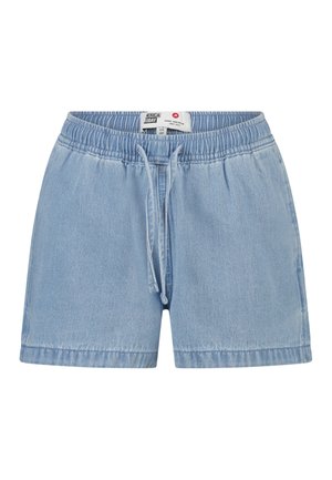 Shorts en denim bleu clair avec taille élastique et cordon de serrage, offrant une coupe décontractée et confortable.