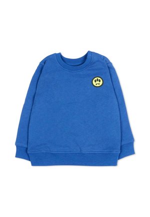 Blauwe trui met lange mouwen voor peuters, ronde halslijn, drukknoopjes op de linkerschouder en een geel pootafdruklogo op de borst.