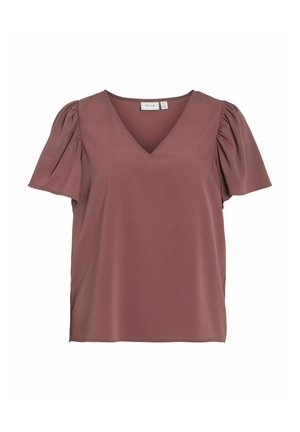 Blouse à manches courtes en V couleur rose poussiéreux, avec des manches bouffantes et une texture lisse. Design simple, adapté pour un port décontracté ou semi-formel.