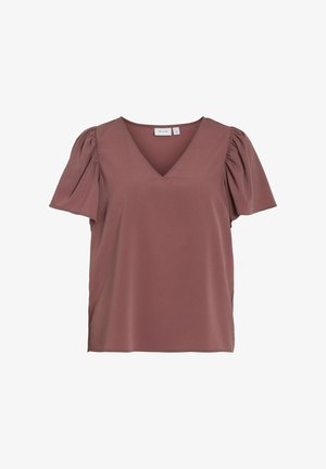 Roosa õrnade varrukatega lühikeste varrukatega T-särk V-kaelusega, millel on puhvvarrukad ja sile tekstuur. Lihtne disain, sobib vabaaja või poolvormilise kandmise jaoks.