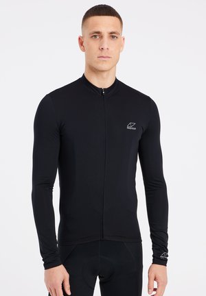 Maillot de cyclisme à manches longues noir avec fermeture éclair, fabriqué à partir d'un tissu lisse. Présente un petit logo sur le côté gauche de la poitrine et un design ajusté.