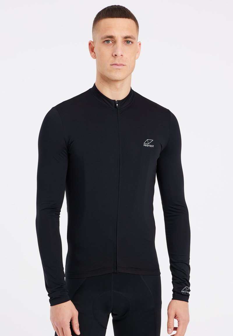 Maillot de cyclisme à manches longues noir avec fermeture éclair, fabriqué à partir d'un tissu lisse. Présente un petit logo sur le côté gauche de la poitrine et un design ajusté.