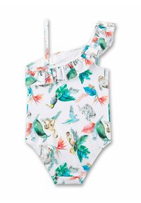 Maillot de bain asymétrique blanc avec des imprimés d'animaux et de plantes tropicaux. Doté d'un bord froncé et d'une fine bretelle réglable. Matière lisse.