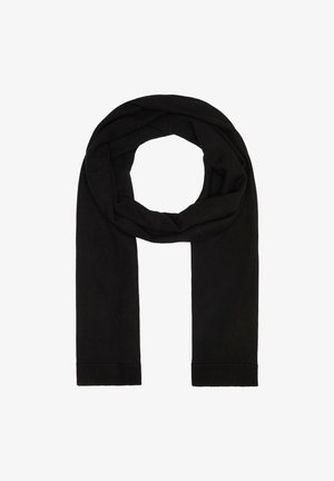 Zwarte gebreide sjaal in een lusontwerp, gemaakt van zacht materiaal, met een geribbelde textuur aan de uiteinden die warmte en veelzijdigheid biedt.