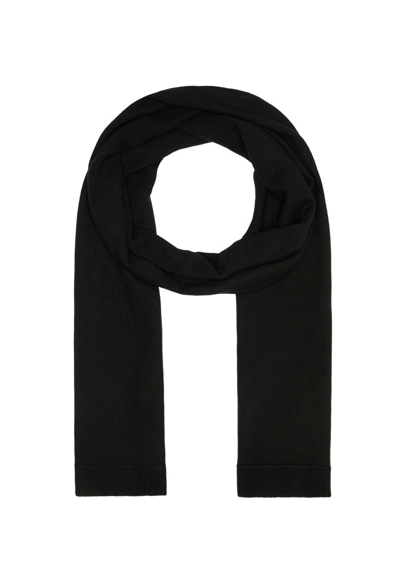 Écharpe en tricot noir en design boucle, fabriquée dans un matériau doux, avec une texture côtelée aux extrémités, offrant chaleur et polyvalence.