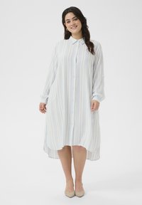 Robe chemise rayée bleu clair et blanche, boutonnière à l'avant, manches longues, ourlet arrondi, en tissu léger.