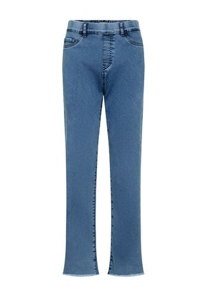 Blue denim jeans with a straight leg, five-pocket style, belt loops, and frayed hems on a white background.