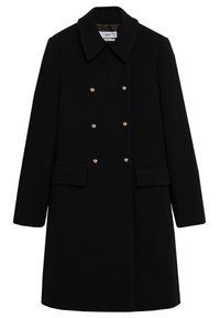Manteau noir croisé à double boutonnage avec boutons dorés, manches longues, large col et deux poches à rabat à l'avant.