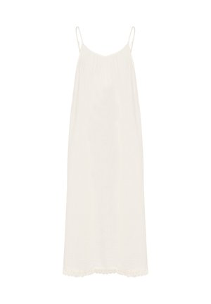 Sleeveless dress in light ivory fabric, featuring a gathered neckline and lace trim at the hem for added detail. Soft, flowy texture.