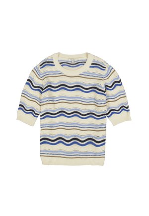 Jersey de punto en color crema con rayas onduladas en azul y marrón. Cuenta con mangas cortas y cuello redondo acanalado. Textura ligera y transpirable.