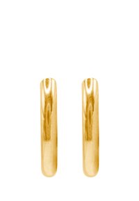 Orecchini a cerchio in oro con una finitura liscia e lucida, caratterizzati da una forma tubolare arrotondata e uno spessore uniforme.
