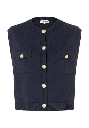 Navy sleeveless cardigan with a round neckline, button front, and two chest pockets. Features gold-tone buttons and ribbed hem.