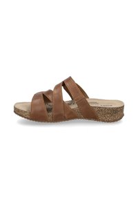 Sandale à glissière en cuir marron avec un design de bretelles croisées, semelle intérieure rembourrée et semelle texturée en liège. Dessus lisse et profil plat.
