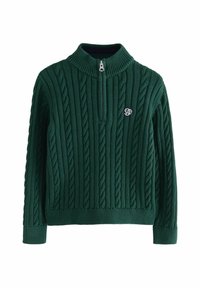 Žalias megztinis su pynimo raštu ir pusiau užtraukiamu apykakliuku, su ribotomis rankogalėmis ir apačia, bei mažu siuvinėtu logotipu kairėje krūtinės pusėje.