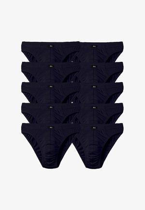 Pack of ten navy blue cotton briefs featuring a classic design, elastic waistband, and a small label on the front.