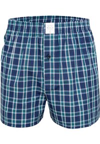 Karierte Boxershorts für Männer in Marineblau und Grün. Karomuster mit einem Knopfverschluss vorne. Elastischer Bund für zusätzlichen Komfort.