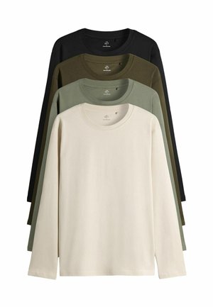 Cuatro camisas de manga larga dispuestas verticalmente: negra, verde oscuro, verde claro y beige. Cada una cuenta con un escote redondo y una suave textura de algodón.