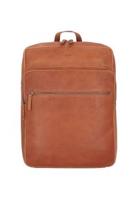 Mochila de cuero marrón con una textura suave, forma rectangular, asas superiores y un bolsillo frontal con cremallera para una mejor organización.