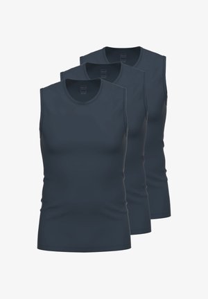 Drie mouwloze tops in donkerblauw, gemaakt van een gladde stof, met een ronde halslijn en een getailleerde pasvorm.
