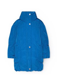 Ljusblå puffrock med hög krage, tryckknappslås och sidofickor. Har en quiltad design och jämn textur.