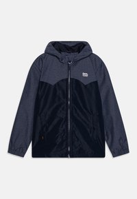 Námořnická modrá bunda se šedou kapucí a horní částí, se zapínáním na zip, elastickými manžetami a logem na hrudi. Hladký povrch.