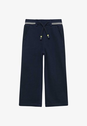 Djeca široke hlače mornarsko plave boje s elastičnim pojasom, bijelim prugastim detaljem, prednjim vezicama i bočnim džepovima.