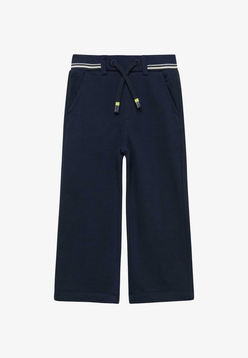 Pantaloni a gamba larga blu navy per bambini con elastico in vita, dettaglio a righe bianche, coulisse frontale e tasche laterali.