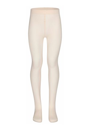 Opake hautfarbene Strumpfhosen aus einem weichen, dehnbaren Material. Glatte Textur, nahtloses Design und eng anliegende Form, die die Beine vollständig bedeckt.