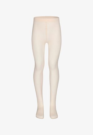 Opaque nude tights made from a soft, stretchy material. Smooth texture, seamless design, and close-fitting shape covering the legs fully.