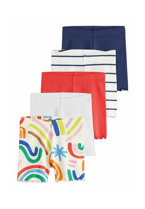 Fünf Paare gerippte Strickshorts in gestapelter Anordnung; Farben umfassen Marineblau, Weiß mit marineblauen Streifen, Koralle, reines Weiß und Weiß mit bunten abstrakten Mustern.