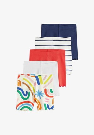 Cinci perechi de pantaloni scurți din tricot cu dungi, aranjate stivuite; culorile includ bleumarin, alb cu dungi bleumarin, coral, alb simplu și alb cu modele abstracte colorate.