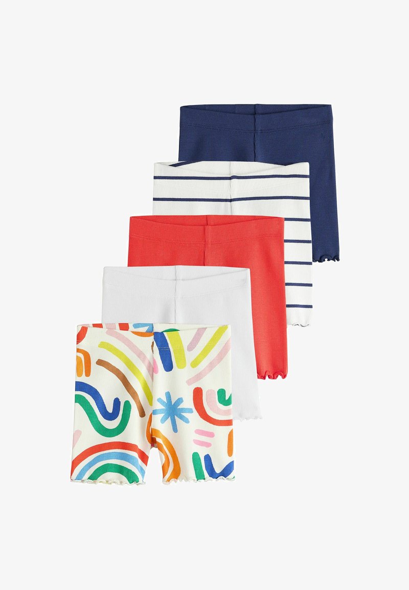 Cinq paires de shorts en maille côtelée disposées en pile ; les couleurs incluent marine, blanc à rayures marines, corail, blanc uni et blanc à motifs abstraits colorés.